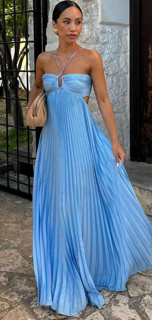 A-line Blue Backless Long Evening Prom Dresses, GR0533