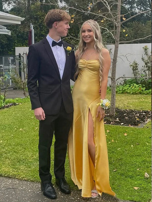 Polular Yellow Satin Spaghetti Straps Long Evening Prom Dresses, GR0534