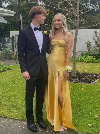 Polular Yellow Satin Spaghetti Straps Long Evening Prom Dresses, GR0534