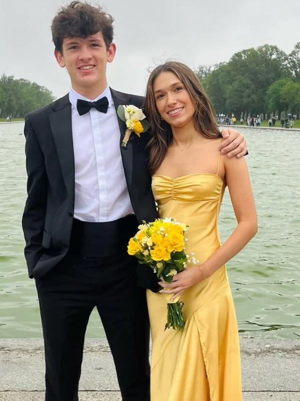 Polular Yellow Satin Spaghetti Straps Long Evening Prom Dresses, GR0534