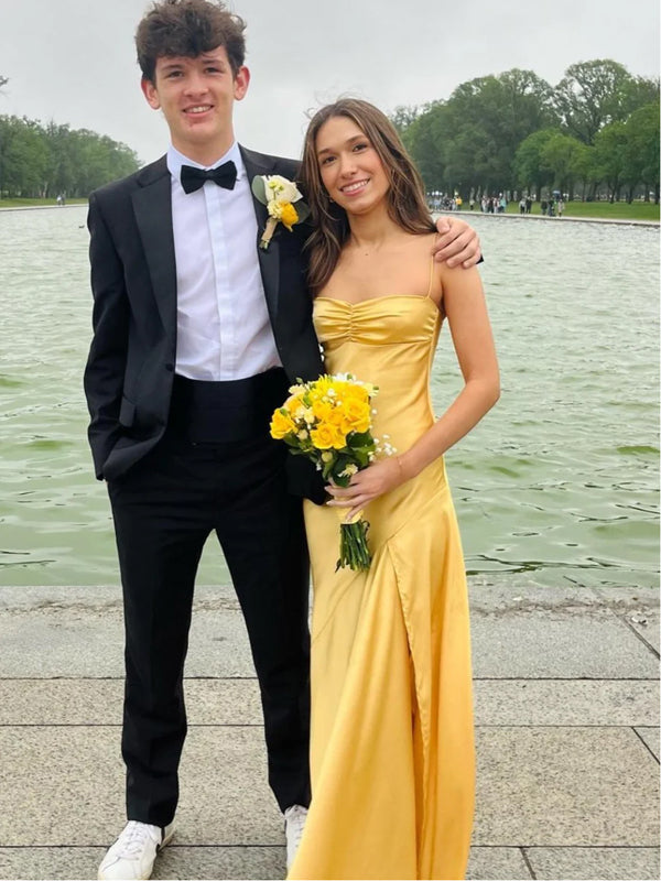 Polular Yellow Satin Spaghetti Straps Long Evening Prom Dresses, GR0534