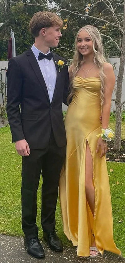 Polular Yellow Satin Spaghetti Straps Long Evening Prom Dresses, GR0534