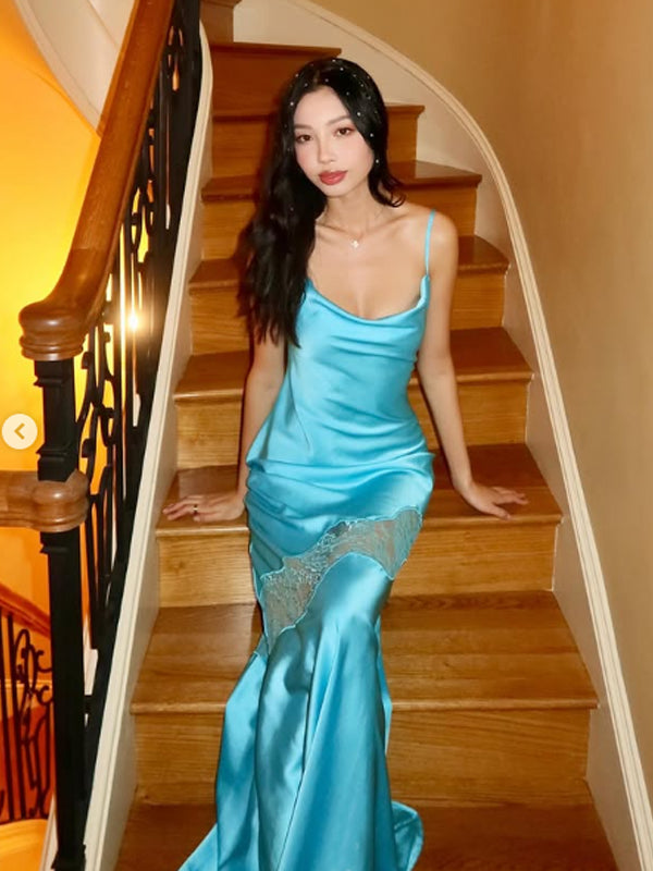 Spaghetti Straps Blue Satin Lace Long Evening Prom Dresses, GR0536