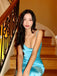 Spaghetti Straps Blue Satin Lace Long Evening Prom Dresses, GR0536