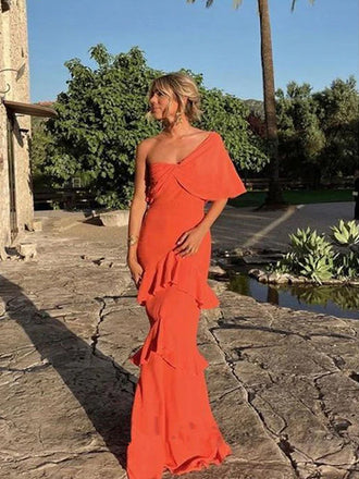 Orange Chiffon Mermaid Long Evening Prom Dresses, One Shoulder Prom Dress, GR0537