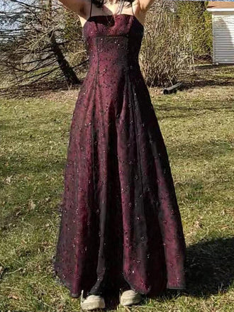 Gorgeous Black Lace Spaghetti Straps A-line Long Evening Prom Dresses, GR0538