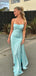 Simple Blue Satin Mermaid Long Evening Prom Dresses, Side Slit Prom Dress, GR0539