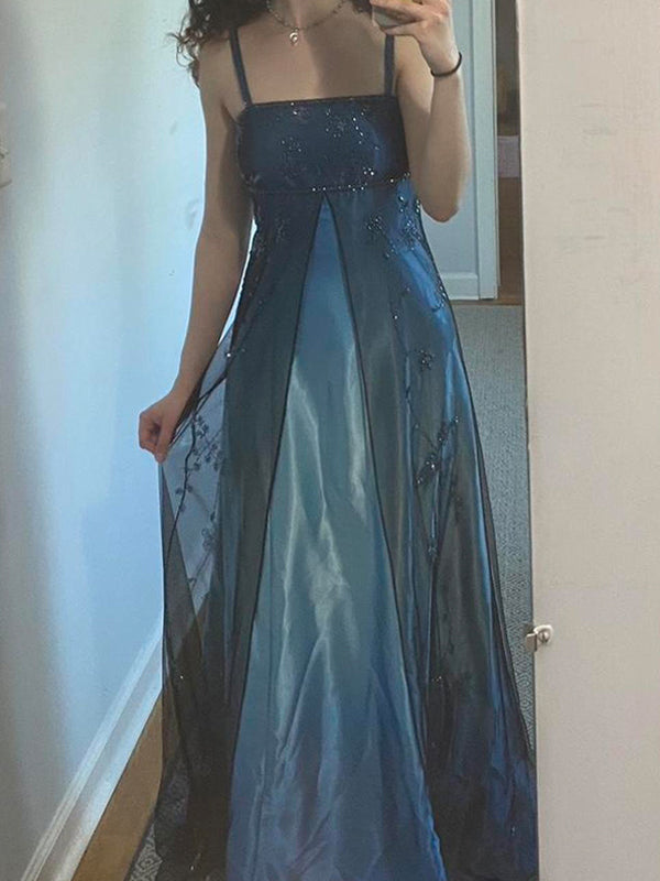 Black Blue A-line Tulle Beaded Long Evening Prom Dresses, GR0540