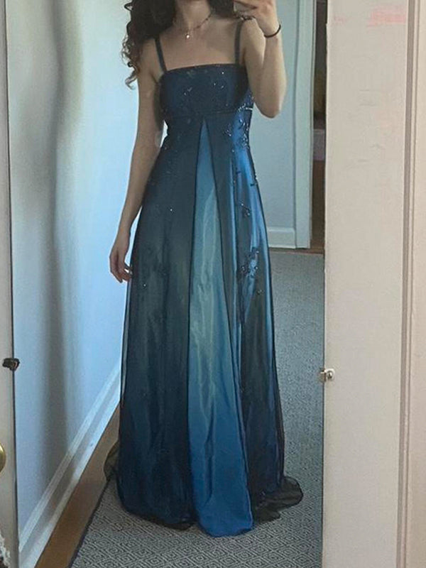 Black Blue A-line Tulle Beaded Long Evening Prom Dresses, GR0540