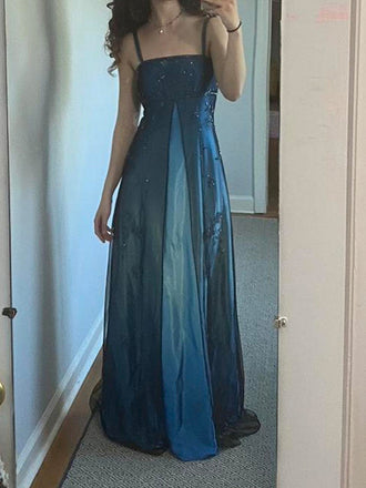 Black Blue A-line Tulle Beaded Long Evening Prom Dresses, GR0540