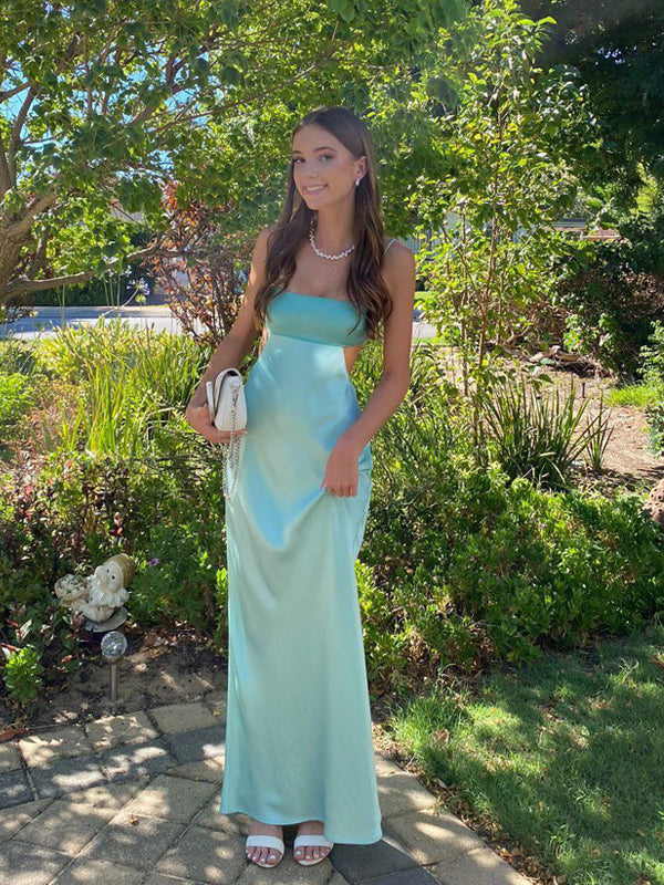 Sexy Backless Spaghetti Straps Satin Long Evening Prom Dresses, GR0541