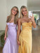 Yellow Satin Spaghetti Straps Side Slit Long Evening Prom Dresses, GR0542