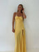 Yellow Satin Spaghetti Straps Side Slit Long Evening Prom Dresses, GR0542