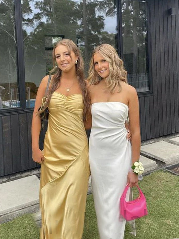 Yellow Satin Spaghetti Straps Side Slit Long Evening Prom Dresses, GR0542