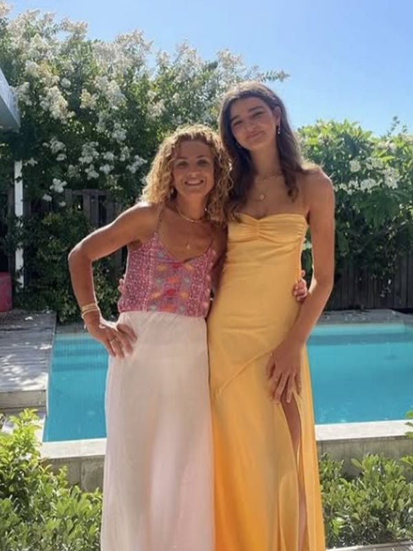 Yellow Satin Spaghetti Straps Side Slit Long Evening Prom Dresses, GR0542