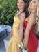Yellow Satin Spaghetti Straps Side Slit Long Evening Prom Dresses, GR0542