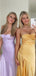 Yellow Satin Spaghetti Straps Side Slit Long Evening Prom Dresses, GR0542