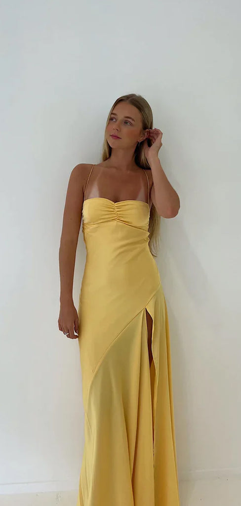 Yellow Satin Spaghetti Straps Side Slit Long Evening Prom Dresses, GR0542