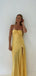Yellow Satin Spaghetti Straps Side Slit Long Evening Prom Dresses, GR0542