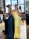 Backless Yellow Satin V-neck Long Evening Prom Dresses, GR0543