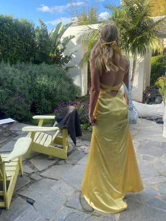Backless Yellow Satin V-neck Long Evening Prom Dresses, GR0543