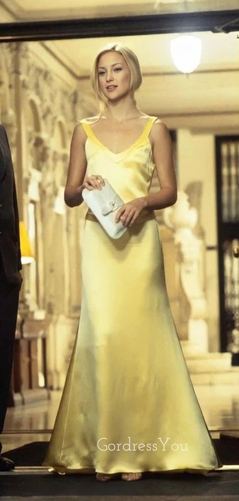 Backless Yellow Satin V-neck Long Evening Prom Dresses, GR0543