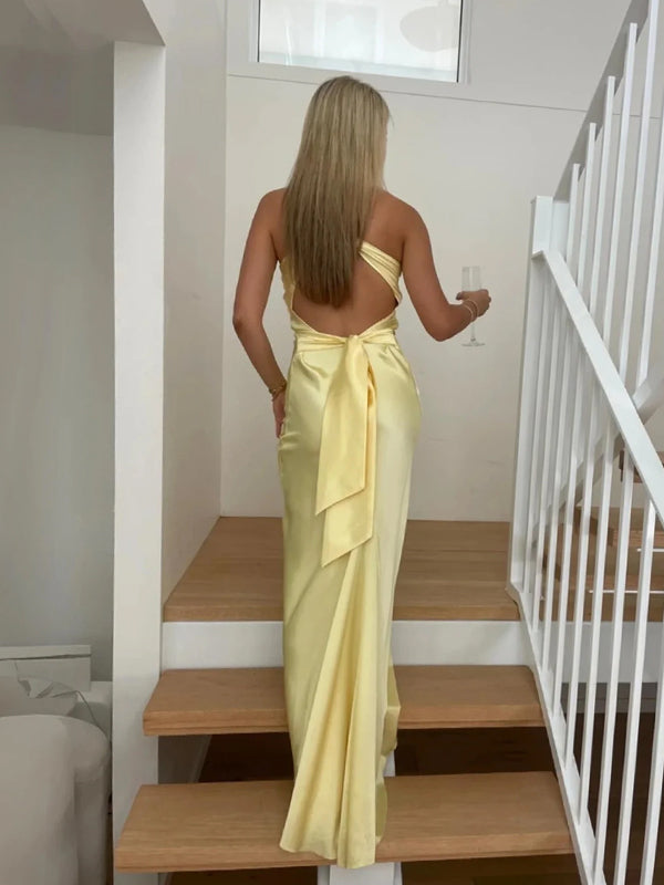 Deep V-neck Yellow Satin Mermaid Long Evening Prom Dresses, GR0544