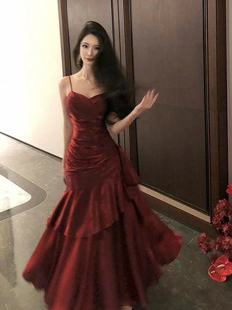 Gorgeous Red Mermaid Spaghetti Straps Long Evening Prom Dresses, GR0545