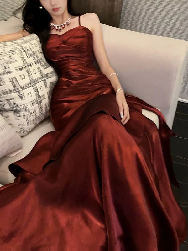 Gorgeous Red Mermaid Spaghetti Straps Long Evening Prom Dresses, GR0545