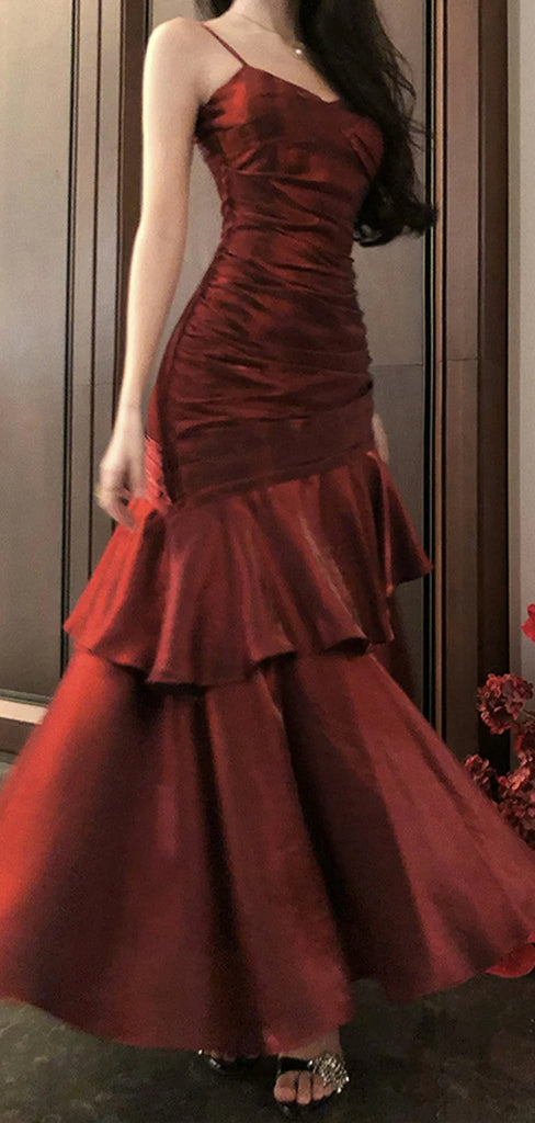 Gorgeous Red Mermaid Spaghetti Straps Long Evening Prom Dresses, GR0545