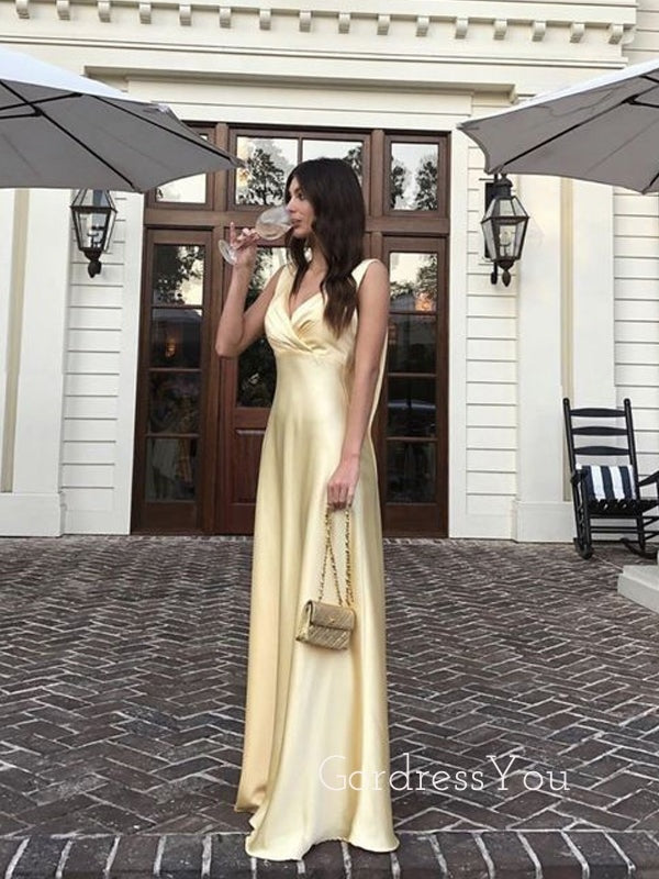 V-neck Yellow Satin Long Evening Prom Dresses, GR0546