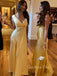 V-neck Yellow Satin Long Evening Prom Dresses, GR0546
