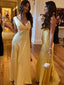 V-neck Yellow Satin Long Evening Prom Dresses, GR0546