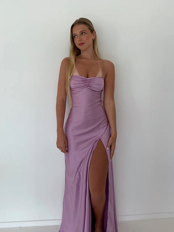 Spaghetti Straps Purple Satin Long Evening Prom Dresses, Lilac Prom Dress, GR0547