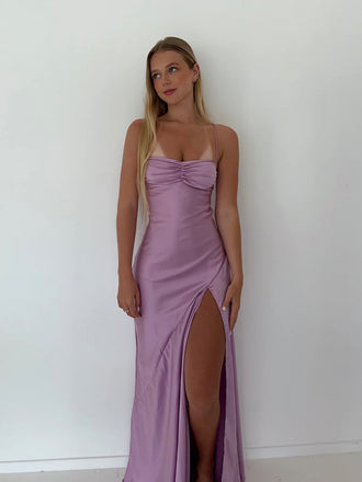 Spaghetti Straps Purple Satin Long Evening Prom Dresses, Lilac Prom Dress, GR0547
