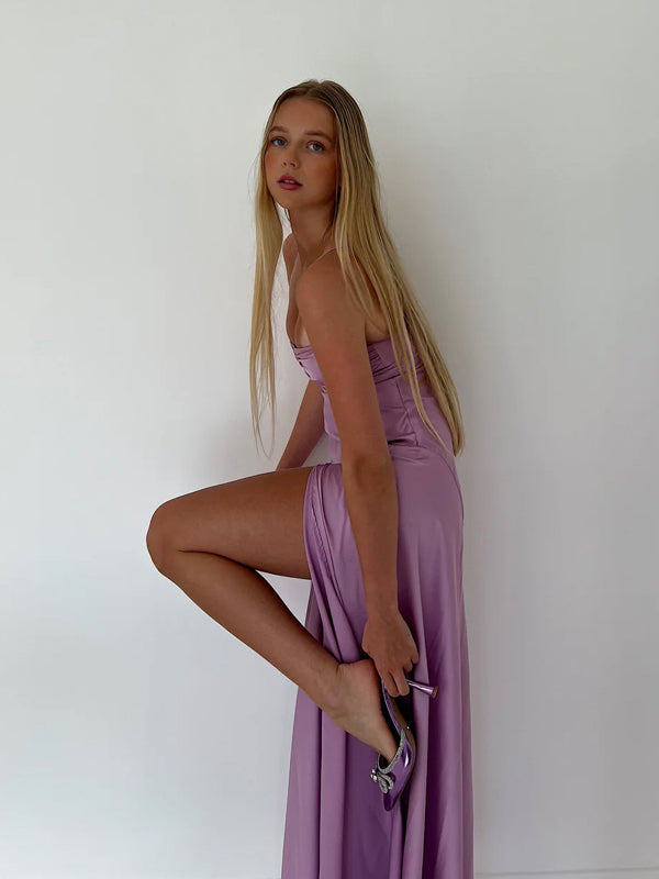 Spaghetti Straps Purple Satin Long Evening Prom Dresses, Lilac Prom Dress, GR0547