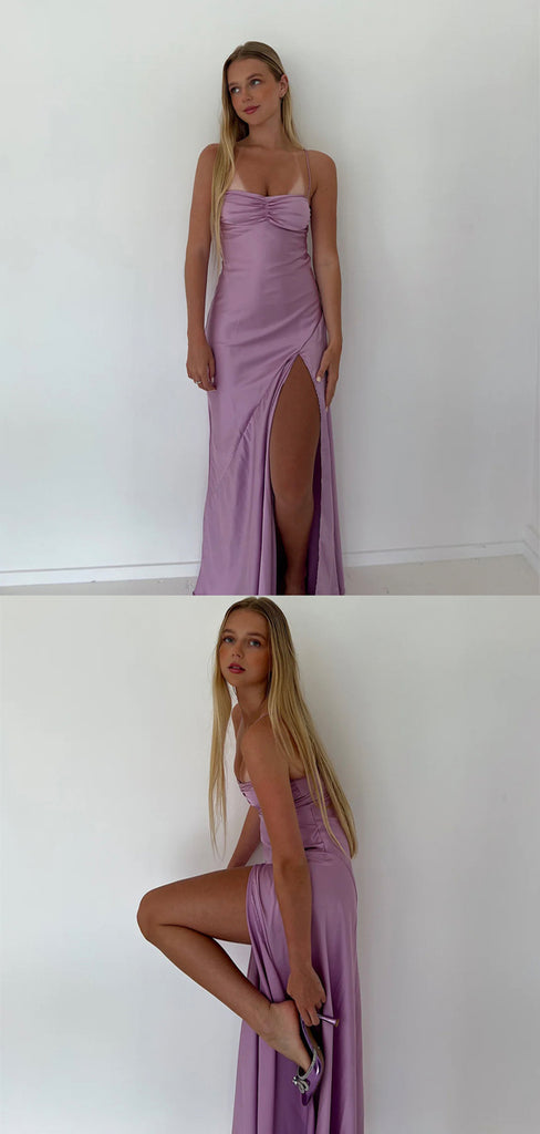 Spaghetti Straps Purple Satin Long Evening Prom Dresses, Lilac Prom Dress, GR0547