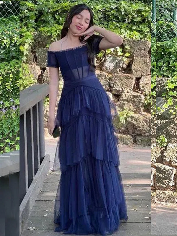Short Sleeves A-line Blue Tulle Off Shoulder Long Evening Prom Dresses, GR0548