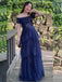 Short Sleeves A-line Blue Tulle Off Shoulder Long Evening Prom Dresses, GR0548