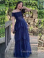 Short Sleeves A-line Blue Tulle Off Shoulder Long Evening Prom Dresses, GR0548