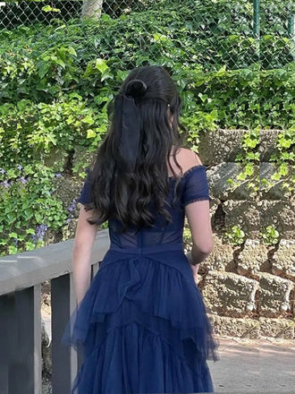 Short Sleeves A-line Blue Tulle Off Shoulder Long Evening Prom Dresses, GR0548