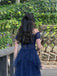 Short Sleeves A-line Blue Tulle Off Shoulder Long Evening Prom Dresses, GR0548