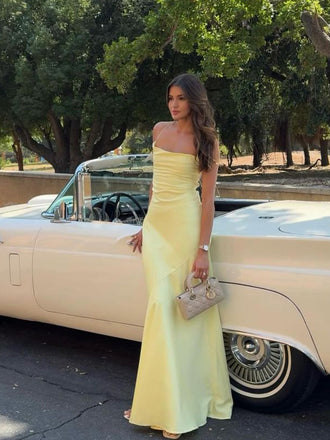 Light Yellow Satin Mermaid Long Evening Prom Dresses, Backless Prom Dress, GR0550