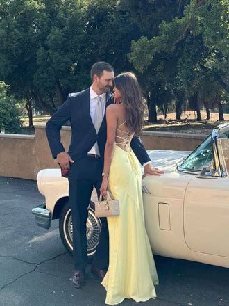 Light Yellow Satin Mermaid Long Evening Prom Dresses, Backless Prom Dress, GR0550