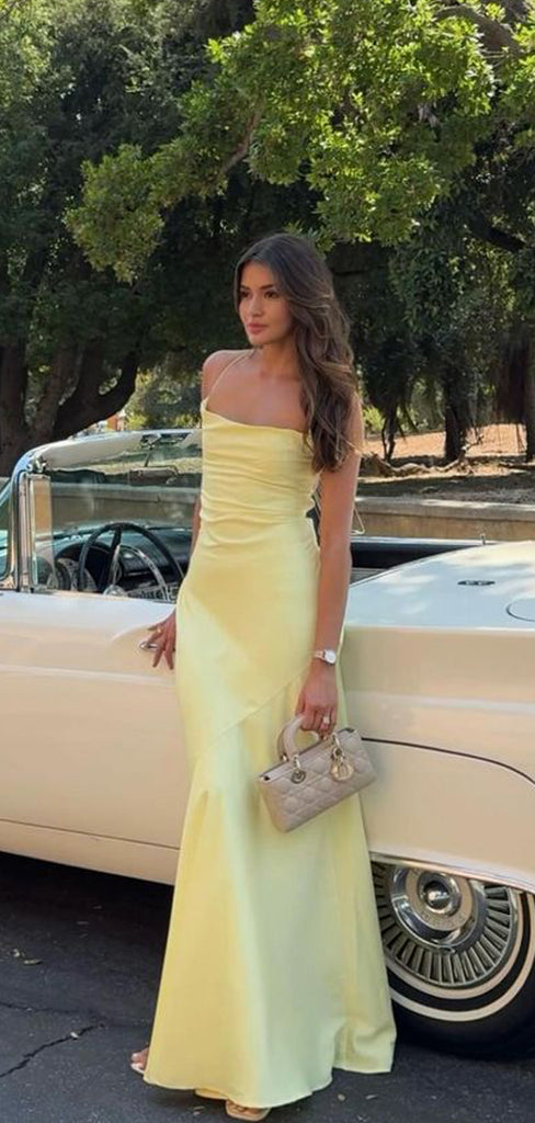 Light Yellow Satin Mermaid Long Evening Prom Dresses, Backless Prom Dress, GR0550