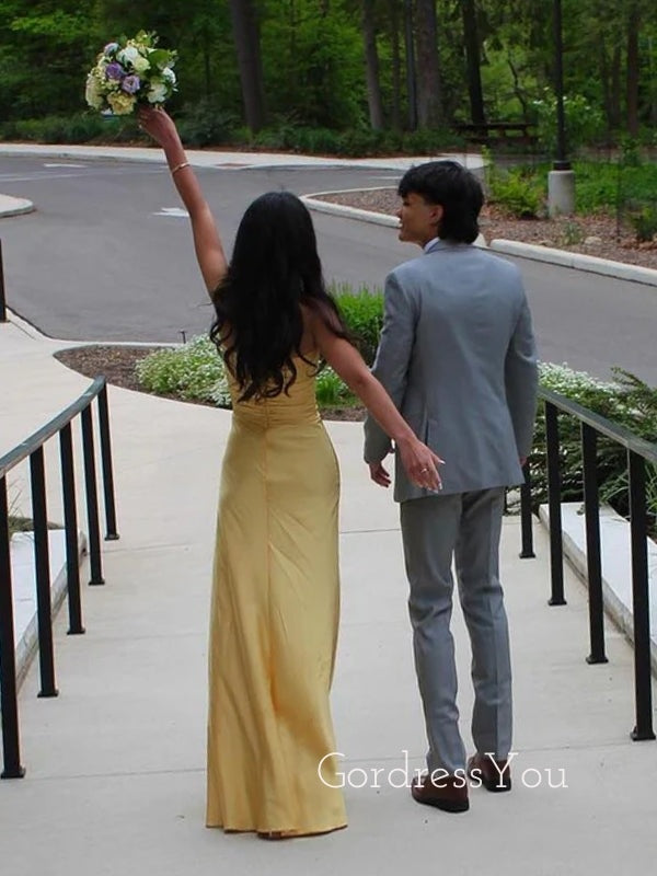 Gold Satin Mermaid Strapless Long Evening Prom Dresses, GR0551