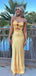 Gold Satin Mermaid Strapless Long Evening Prom Dresses, GR0551