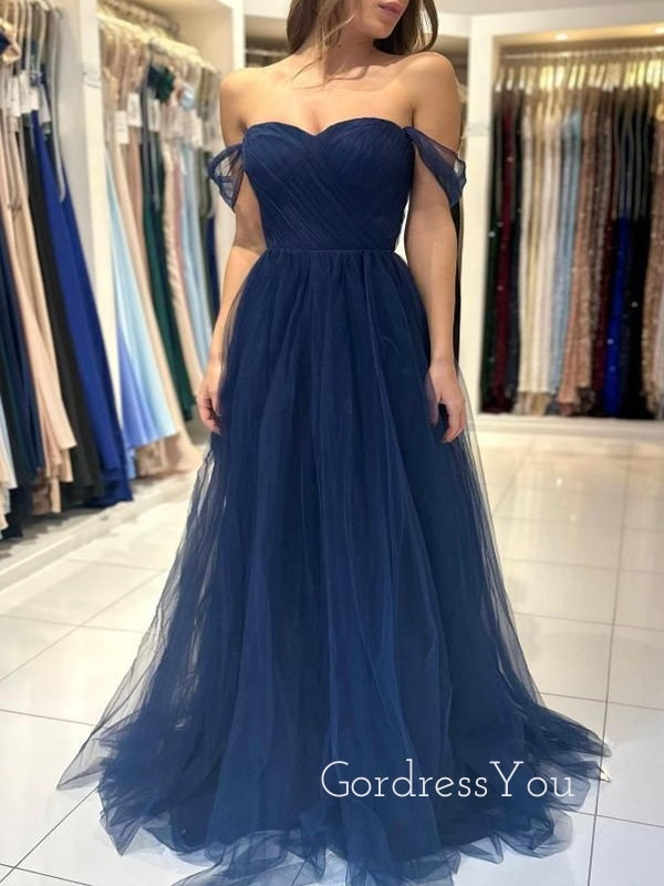 Navy Blue Tulle Off Shoulder Long Evening Prom Dresses, A-line Prom Dress, GR0552