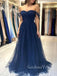 Navy Blue Tulle Off Shoulder Long Evening Prom Dresses, A-line Prom Dress, GR0552