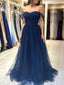 Navy Blue Tulle Off Shoulder Long Evening Prom Dresses, A-line Prom Dress, GR0552